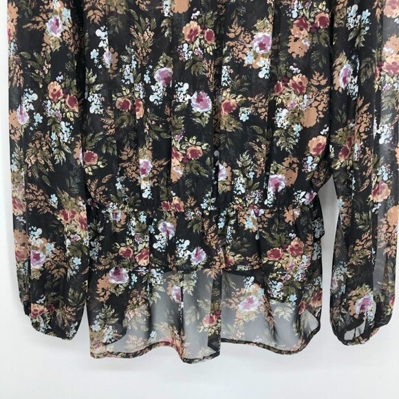 Pleione  Black Floral Peasant Tunic sheer balloon sleeve blouse LG - Picture 12 of 16